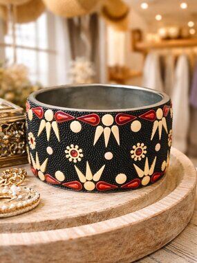 Boho Statement Bangle Bracelet Black Red Festival Wide Cuff